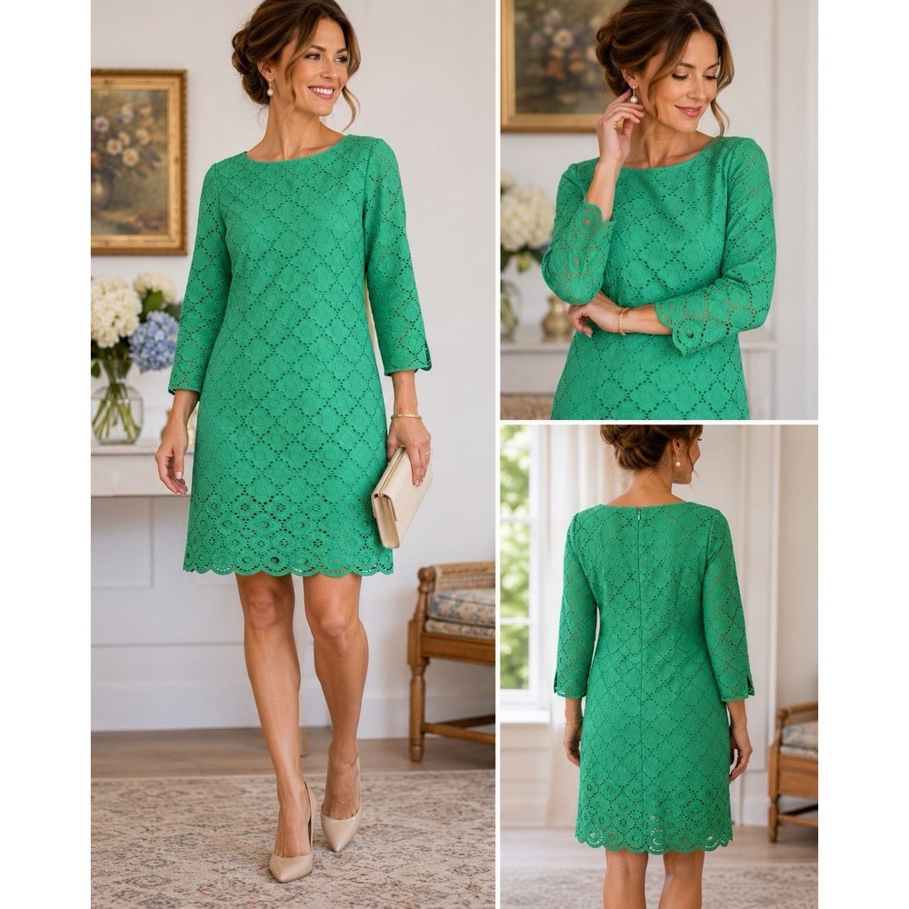 Talbots Petite Eyelet Lace Shift Dress Green 2P Preppy Spring Southern Chic
